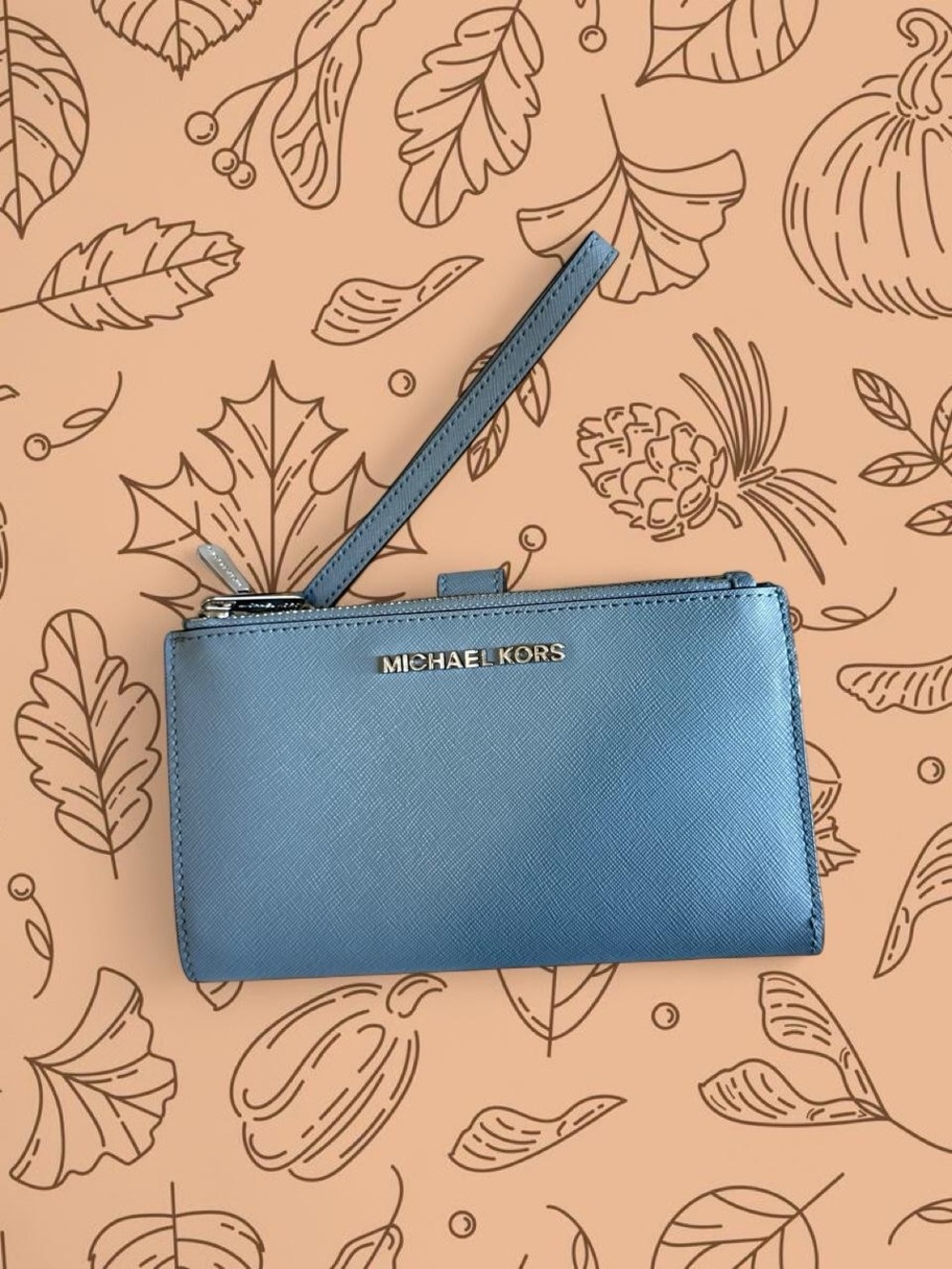 Michael Kors Light Blue Wristlet Clutch with Gold Logo